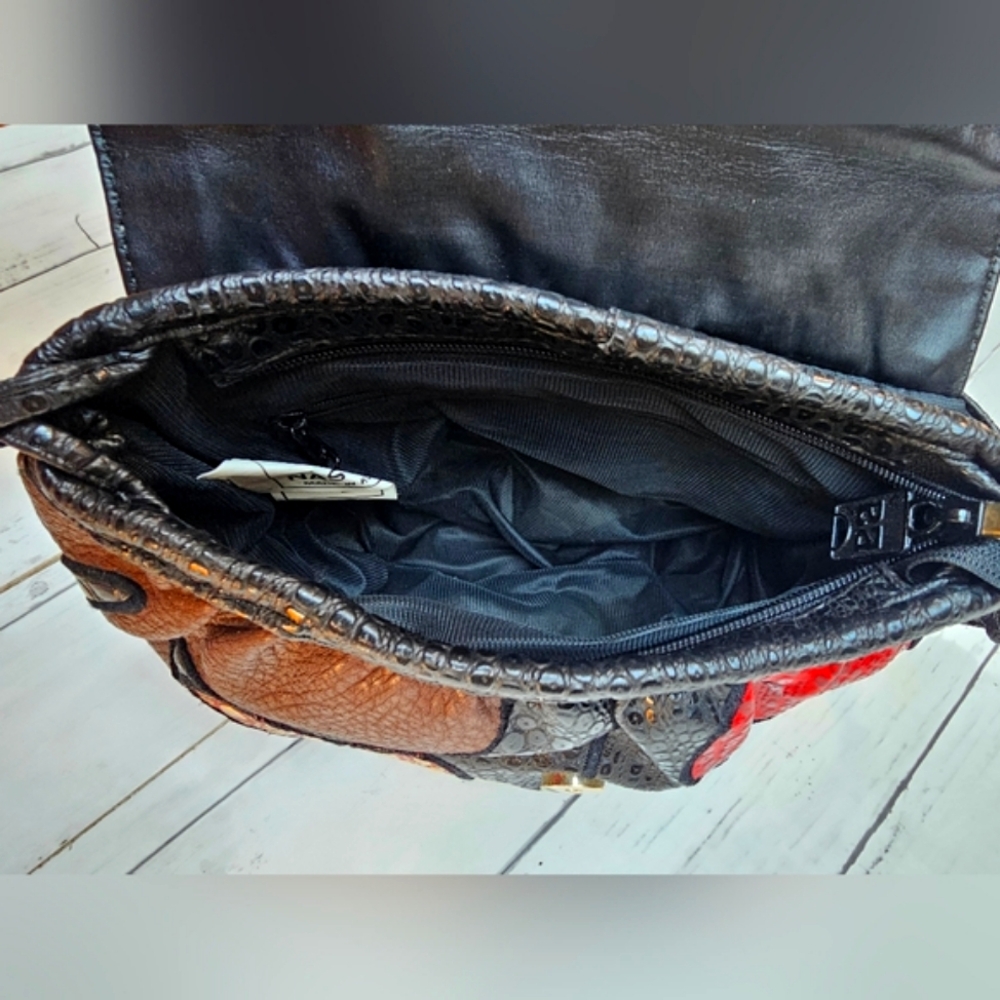 RARE Vintage NAS Alentino Black Leather Exotic Crossbody Purse Patchwork Gold - Picture 15 of 15